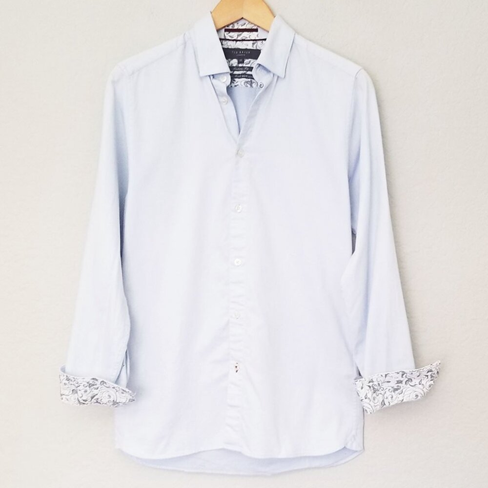 Ted Baker Men's S Modern Fit Stretch Shirt Flip Cuffs Light Blue Herringbone 15"